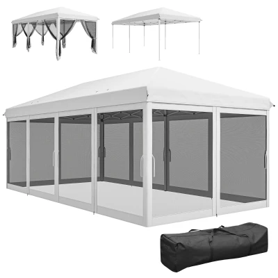 Outsunny 10' x 20' Pop Up Canopy Tent Gazebo with Removable Mesh Sidewall Netting, Carry Bag for Backyard Patio Outdoor, White