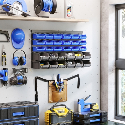 DURHAND Wall Mounted Storage Bin Rack Tool Organizer with 30 Bins, Pegboard for Garage Workshops Blue