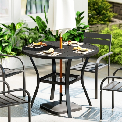 Outsunny 35.5" Round Outdoor Dining Table for 4, Metal Garden Patio Table with 1.6"-2" Umbrella Hole, Shelf, Slatted Top, Black