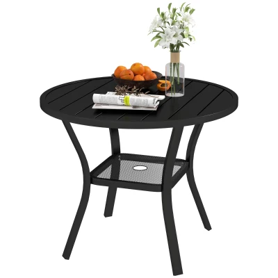 Outsunny 35.5" Round Outdoor Dining Table for 4, Metal Garden Patio Table with 1.6"-2" Umbrella Hole, Shelf, Slatted Top, Black