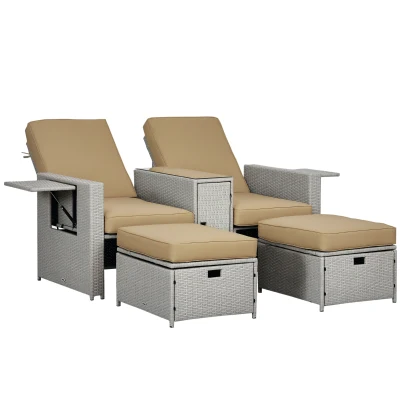 Outsunny 5PC Wicker Patio Lounger, Outdoor PE Rattan 5-level Adjustable Recliner Sofa Bed with Storage Side Table and Footstools, for Patio, Garden, Poolside, Khaki