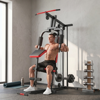 Soozier Home Gym Equipment, Multifunctional Weight Machine with Pulley System for Full Body Strength Training, Black