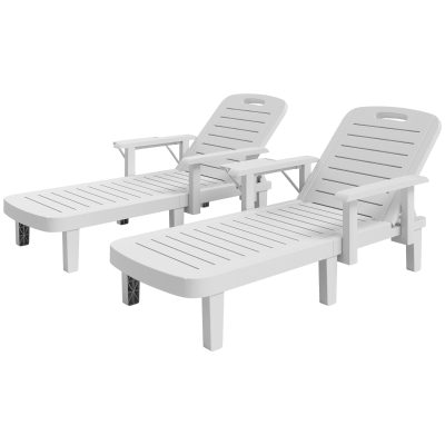 Outsunny Set of 2 Tanning Chair, 5 Positions Adjustable Outdoor Lounge Chairs with Foldable Side Table, White