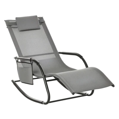 Outsunny Patio Rocking Chair with Mesh Fabric, Outdoor Rocking Sling Sun Lounger with Removable Headrest and Side Pocket for Garden, Deck, Lawn, Grey