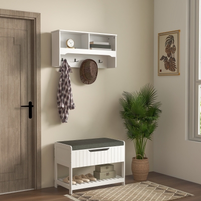 HOMCOM Wall Mounted Coat Rack with Shoe Storage Bench, Hall Tree and Bench, Clothes Hanger Rack with Shelves for Hallway White