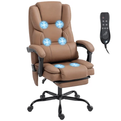 HOMCOM Office Chair with Massage, Pet-Friendly Faux Leather Reclining Desk Chair with Lumbar Support, Footrest, Brown
