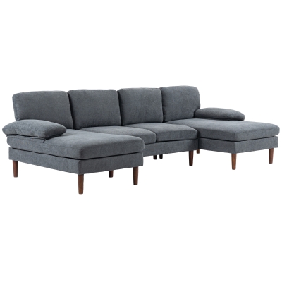 HOMCOM U Shape Couch with Double Chaise Lounge, Modern 4 Seater Sofa with Wooden Legs, Fabric Sofa for Living Room, Dark Grey