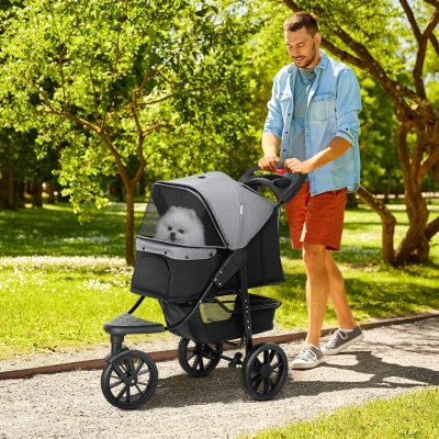 PawHut 3 Wheel Folding Dog Stroller, Travel Carrier with Adjustable Canopy, Storage Brake, Mesh Window for S&M Dogs Grey