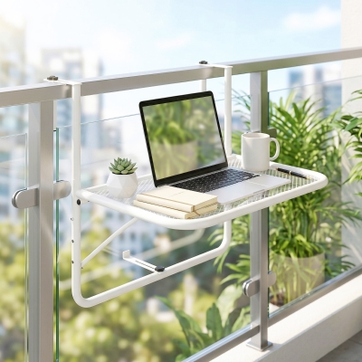 Outsunny Adjustable Balcony Hanging Railing Table, Metal Mounting Mini Wall Desk Storage Rack, Outdoor Flower Stand Serving Table Rectangle, White
