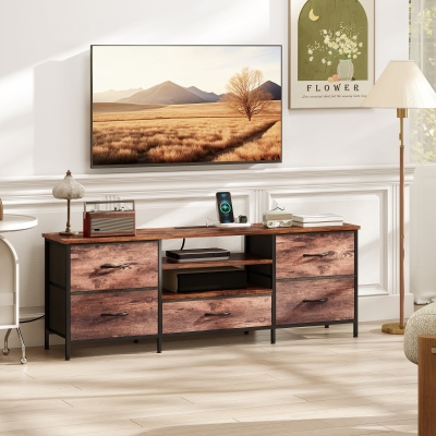 HOMCOM TV Stand for TVs up to 65 Inch, Industrial TV Console with Charging Station, 5 Drawers and Open Shelves, Rustic Brown