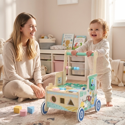 Qaba Wooden Baby Walker for 1-3 Year, Montessori Inspired Push Along Walker Toys, Multifunctional Activity Centre