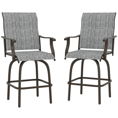 Outsunny Outdoor Bar Stools Set of 2, Swivel Bar Height Chairs with High Back, Curved Armrests and Steel Frame, Mixed Grey