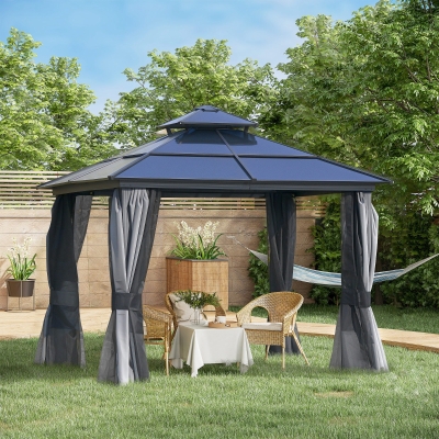 Outsunny 10'x10' Hardtop Patio Gazebo Aluminum Gazebo Deck Canopy with Double Tier Roof, Curtains, Netting Sidewalls, Black & Grey