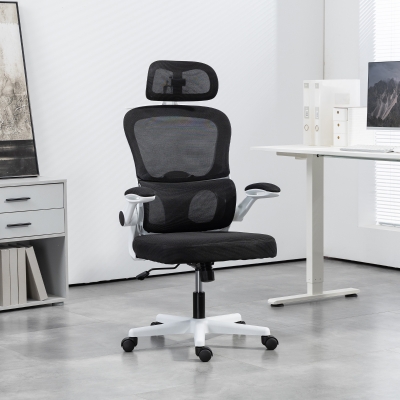 HOMCOM Mesh Office Chair, Ergonomic Desk Chair with Flip-up Armrest, Rotatable Headrest, Adjustable Lumbar Support, Black