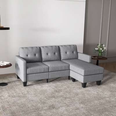 HOMCOM L-shaped Sofa, 3 Seater Couch with Ottoman, Corner Sofa with Thick Padded Cushion and Wood Legs, Light Grey