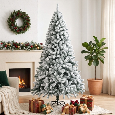 HOMCOM 6ft Snow Flocked Christmas Tree with 650 Branch Tips, Hinged Design, Artificial Fir Xmas Tree, Green and White
