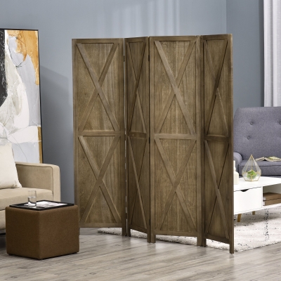 HOMCOM 4-panel Wall Partition Farmhouse Room Separator with Foldable Design Wooden Frame 5.6FT, Brown