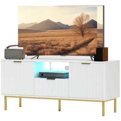 HOMCOM Modern TV Console for TVs up to 50 Inch, Entertainment Center with Smart RGB LED Lights and Soft Close Doors, White