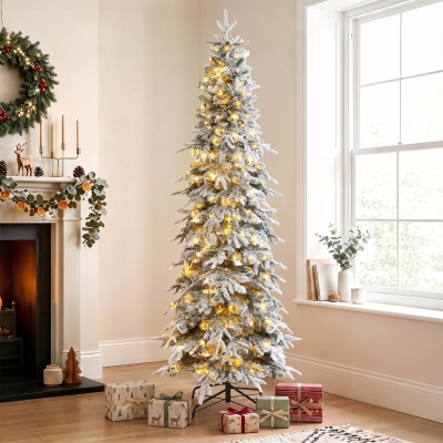 HOMCOM 7ft Prelit Flocked Christmas Tree, Artificial Pencil Hinged Xmas Tree w/ Slim Downswept Shape, 350 Warm White LED Lights, 8 Modes, Daily Timer, 800 Tips, Remote, Green White