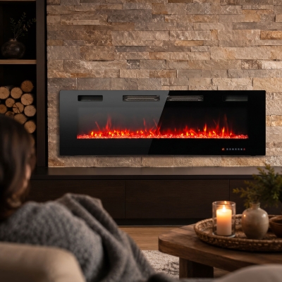 HOMCOM 60" Electric Fireplace, Ultra-Thin Recessed, Wall Mounted and Freestanding Fireplace w/ Flame Effect, 750W/1500W, Black
