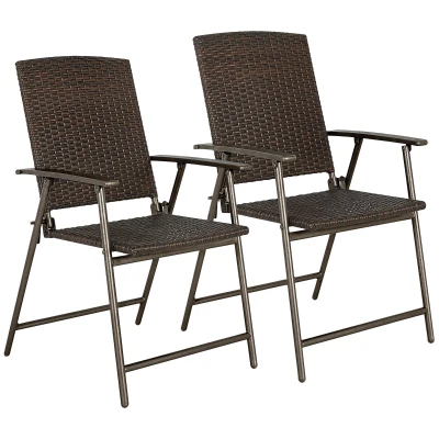 Outsunny Outdoor Wicker Dining Chair Set of 2, 2 Pieces Rattan Foldable Chair with Steel Frame for Garden, Backyard, Porch, Brown
