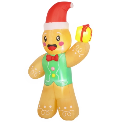 Outsunny Outdoor Blow-Up Christmas Decorations, 8.2ft Christmas Inflatable Gingerbread Man with a Gift Box, Light Brown