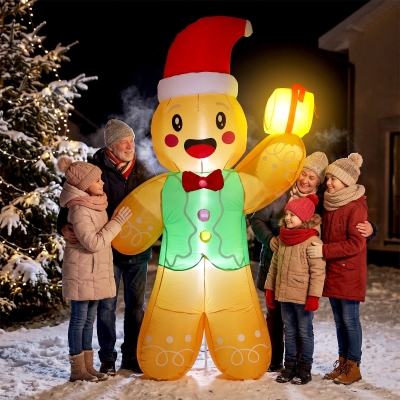 Outsunny Outdoor Blow-Up Christmas Decorations, 8.2ft Christmas Inflatable Gingerbread Man with a Gift Box, Light Brown
