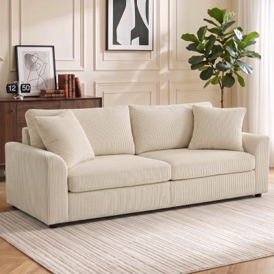 HOMCOM 3 Seater Sofa, 83.5" Modern Upholstered Couch with Pocket Spring and 2 Scatter Cushions for Living Room, Cream White