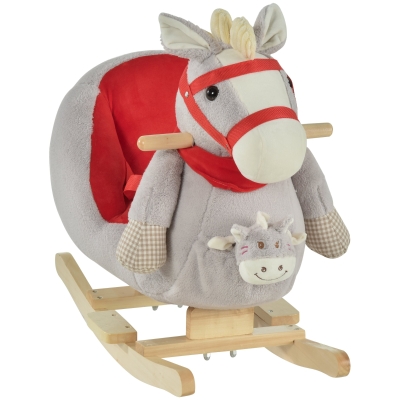 Qaba Kids Rocking Horse Toy with Lullaby, Plush Fabric, Gray