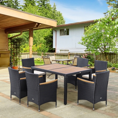 Outsunny 7 Pieces Outdoor Dining Set for 6, PE Wicker Rattan Patio Furniture Set with High-Back Armchairs, Glass Table Top