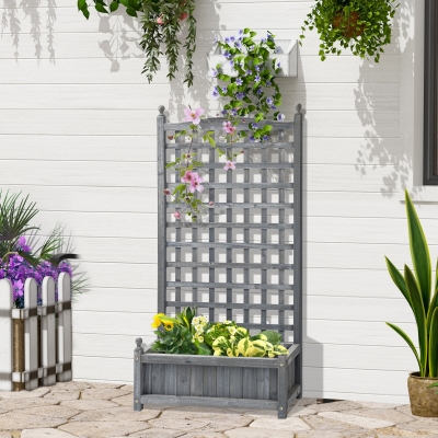Outsunny Raised Garden Bed with Trellis for Climbing Vines, 25.2" x 11" x 47.2" Wood Planter Box for Garden, Free Standing Flower Bed, Indoor Outdoor Display Rack, Grey