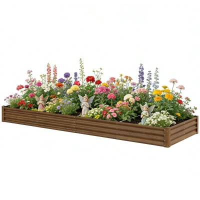 Outsunny 12 x 4 x 1ft Galvanized Raised Garden Bed, Reinforced Outdoor Planter Box with Open Bottom, Distressed Brown