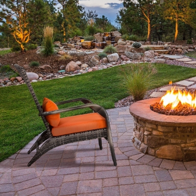 Outsunny Patio Wicker Adirondack Chair, Outdoor PE Rattan Fire Pit Chair, Muskoka Chair w/ Soft Cushions, Tall Curved Backrest and Comfortable Armrests for Deck Garden, Orange