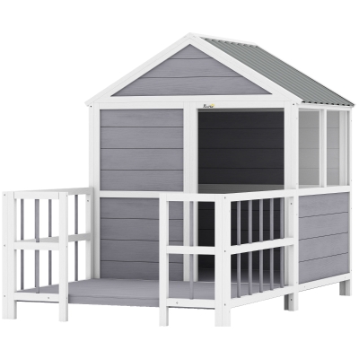 PawHut Outdoor Dog House, 61"L Wooden Dog House with Porch, Weatherproof Roof, Elevated Base, Air Vents & Observation Windows
