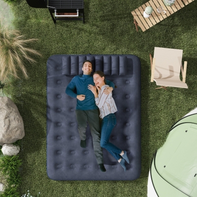 Outsunny Queen Size Air Mattress Camping Air Bed with 2 Pillows and Hand Pump, Blue
