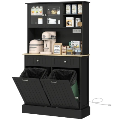 HOMCOM Kitchen Cabinet with Charging Station, 2 Tilt Out Cabinets, Microwave Stand, Freestanding Kitchen Pantry Cabinet, Black