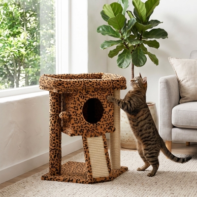 PawHut Cat Tree, Small Cat Tower with Perch, Scratching Post, Cat Condo, Toy Ball for Kitty, Leopard Print