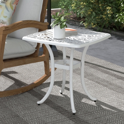 Outsunny 21" Square Outdoor End Table, Cast Aluminum Patio Side Table with Umbrella Hole for Garden, Balcony, Poolside, White