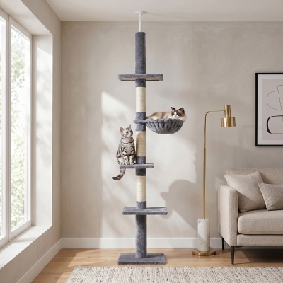 PawHut 8.5ft Cat Climbing Tree 5-Tier Cat Activity Center Floor-to-Ceiling Cat Climber Toy with Scratching Post Play Rest Post Pet Furniture Grey