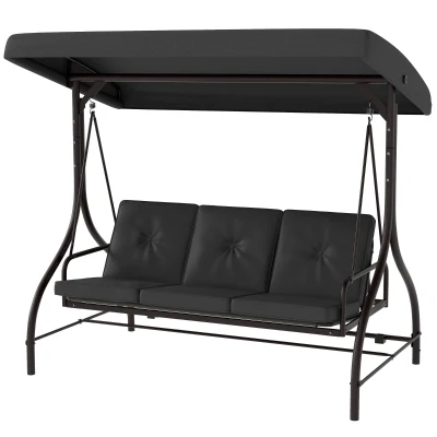 Outsunny Convertible Patio Swing Bed with Canopy and Cushions, 3 Seater Porch Swing for Outdoor, Backyard, Garden, Dark Grey