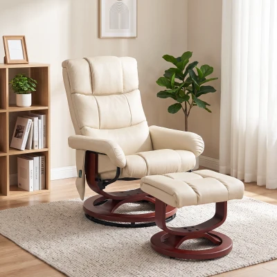 HOMCOM Swivel Recliner Chair with Ottoman, Faux Leather, Cream White