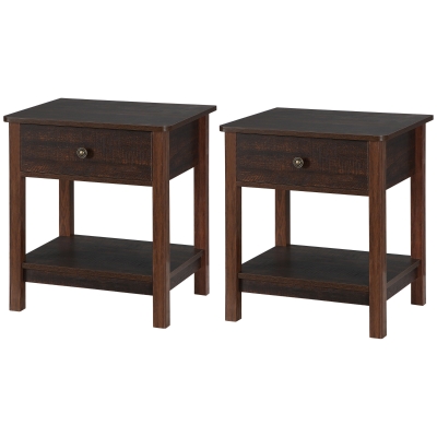 HOMCOM End Table Set, Drawer & Shelf, Small Spaces, Dark Brown
