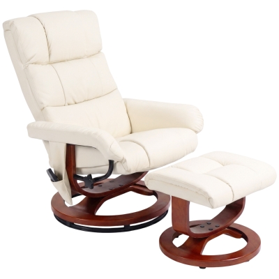 HOMCOM Swivel Recliner Chair with Ottoman, Faux Leather, Cream White