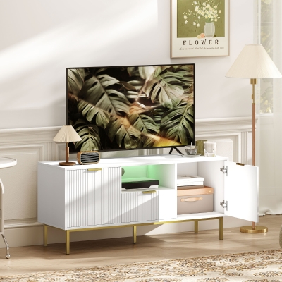 HOMCOM Modern TV Console for TVs up to 50 Inch, Entertainment Center with Smart RGB LED Lights and Soft Close Doors, White