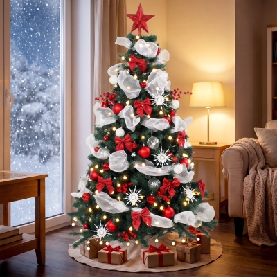HOMCOM 6ft Prelit Christmas Tree Spruce, Remote, Hinged, Artificial Xmas Tree with 8 Modes, 800 Tips, 200 LEDs, Green Red