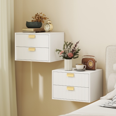 HOMCOM Modern Floating Nightstands Set of 2, Wall Mounted Bedside Tables with 2 Wave Drawers White