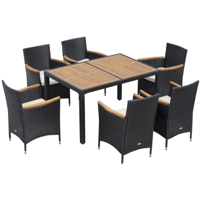 Outsunny 7 Pieces Outdoor Dining Set for 6, PE Wicker Rattan Patio Furniture Set with High-Back Armchairs, Glass Table Top