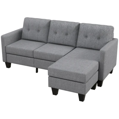 HOMCOM L-shaped Sofa, 3 Seater Couch with Ottoman, Corner Sofa with Thick Padded Cushion and Wood Legs, Light Grey
