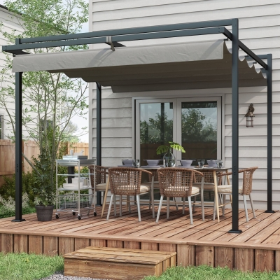 Outsunny 10' x 10' Retractable Pergola, Garden Gazebo Shade Shelter, for Grill, Patio, Deck, Dark Grey