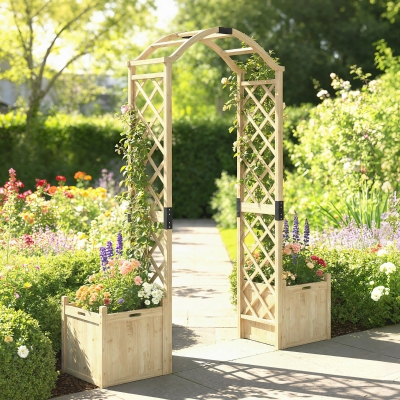 Outsunny Wooden Garden Arch with 2 Planter Boxes, Arch Trellis for Climbing Plants, Decorative Arbor Archway, Natural Wood